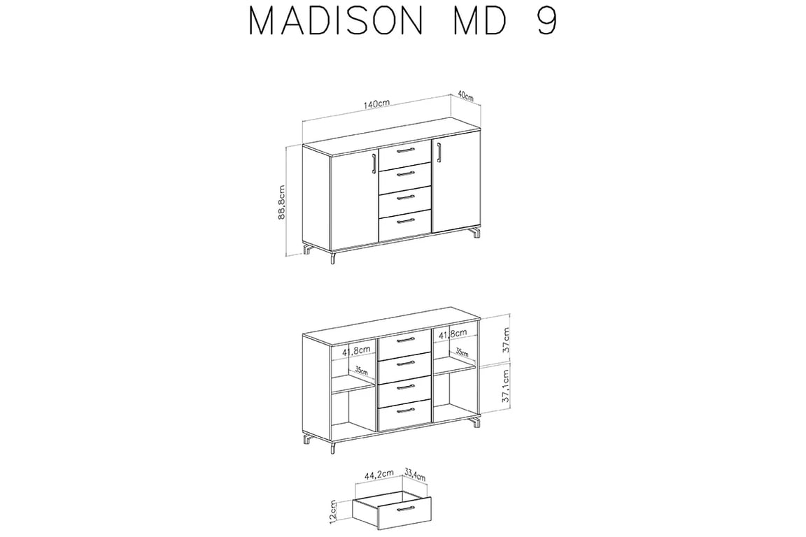 Komoda Madison MD9 se čtyřmi zásuvkami - bílá / dub piškotový Komoda dvoudveřová se čtyřmi zásuvkami Madison MD9 - Bílý / dub piškotový - Rozměry