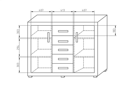 Komoda Bahama K1 - 138 cm Komoda dvoudveřová z piecioma zásuvkami Bahama BA-K1 Rozměry