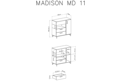 Komoda dvojdverová so zásuvkou Madison MD11 - biely / dub piškótový Komoda dvojdverová so zásuvkou Madison MD11 - Biely / dub piškótový - Rozmery