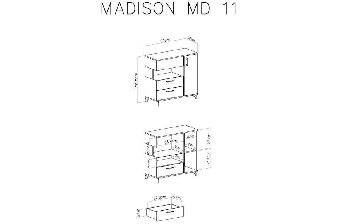 Komoda dvojdverová so zásuvkou Madison MD11 - biely / dub piškótový Komoda dvojdverová so zásuvkou Madison MD11 - Biely / dub piškótový - Rozmery