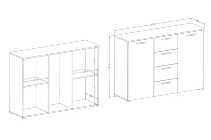 Komoda Galaxy 26 se zásuvkami 132 cm - dub monastery / černý lesk Komoda dvoudveřová s zásuvkami Galaxy 26 - Dub monastery / Černý lesk - Rozměry