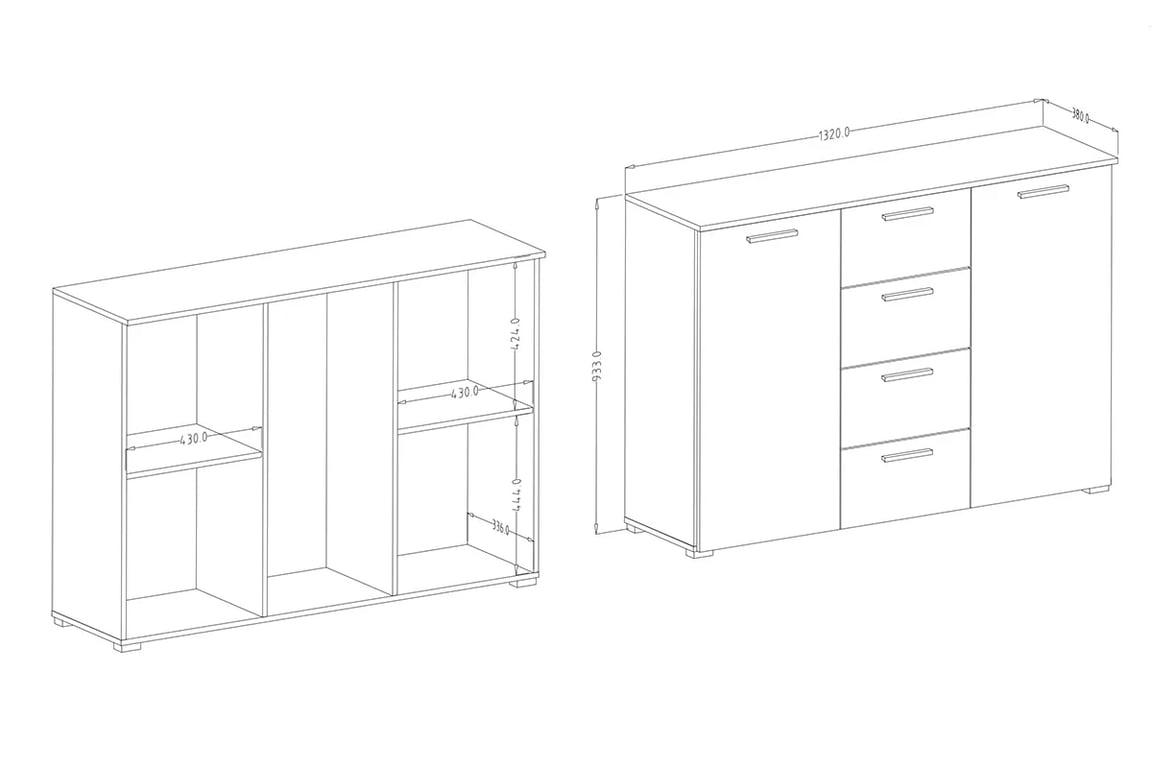 Komoda Galaxy 26 se zásuvkami 132 cm - dub monastery / černý lesk Komoda dvoudveřová s zásuvkami Galaxy 26 - Dub monastery / Černý lesk - Rozměry