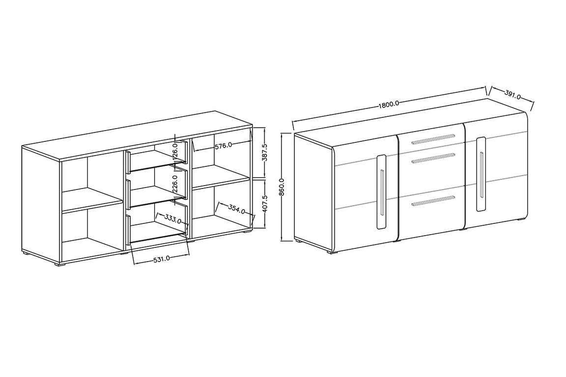 Komoda Tulsa 26 so zásuvkami 180 cm - biela / biela lesk Komoda dvojdverová s tromi zásuvkami Tulsa 26 - biela / biela lesk - Rozmery