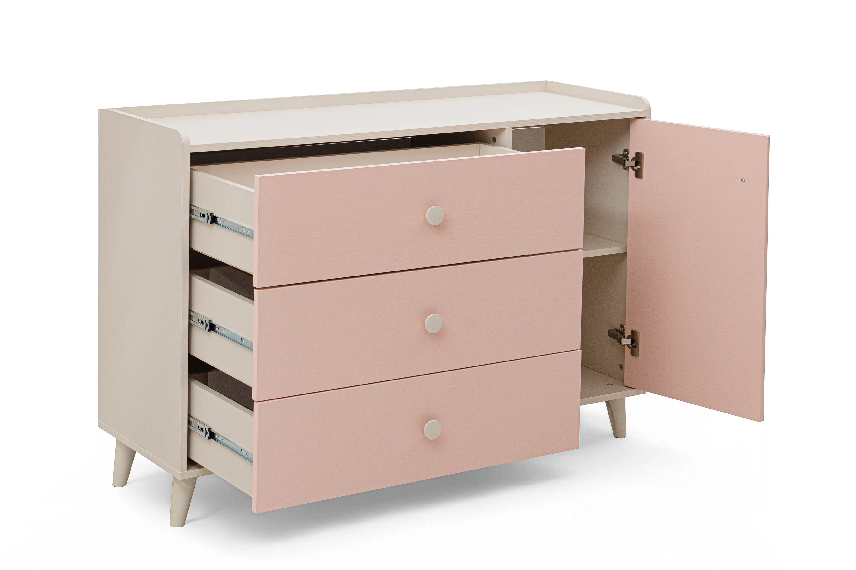 Dětská komoda Marla se zásuvkami 120 cm - pouštní písek / růžová Komoda dziecieca Marla 120 cm se zásuvkami - piasek pustyni / Růžová / millenial pink