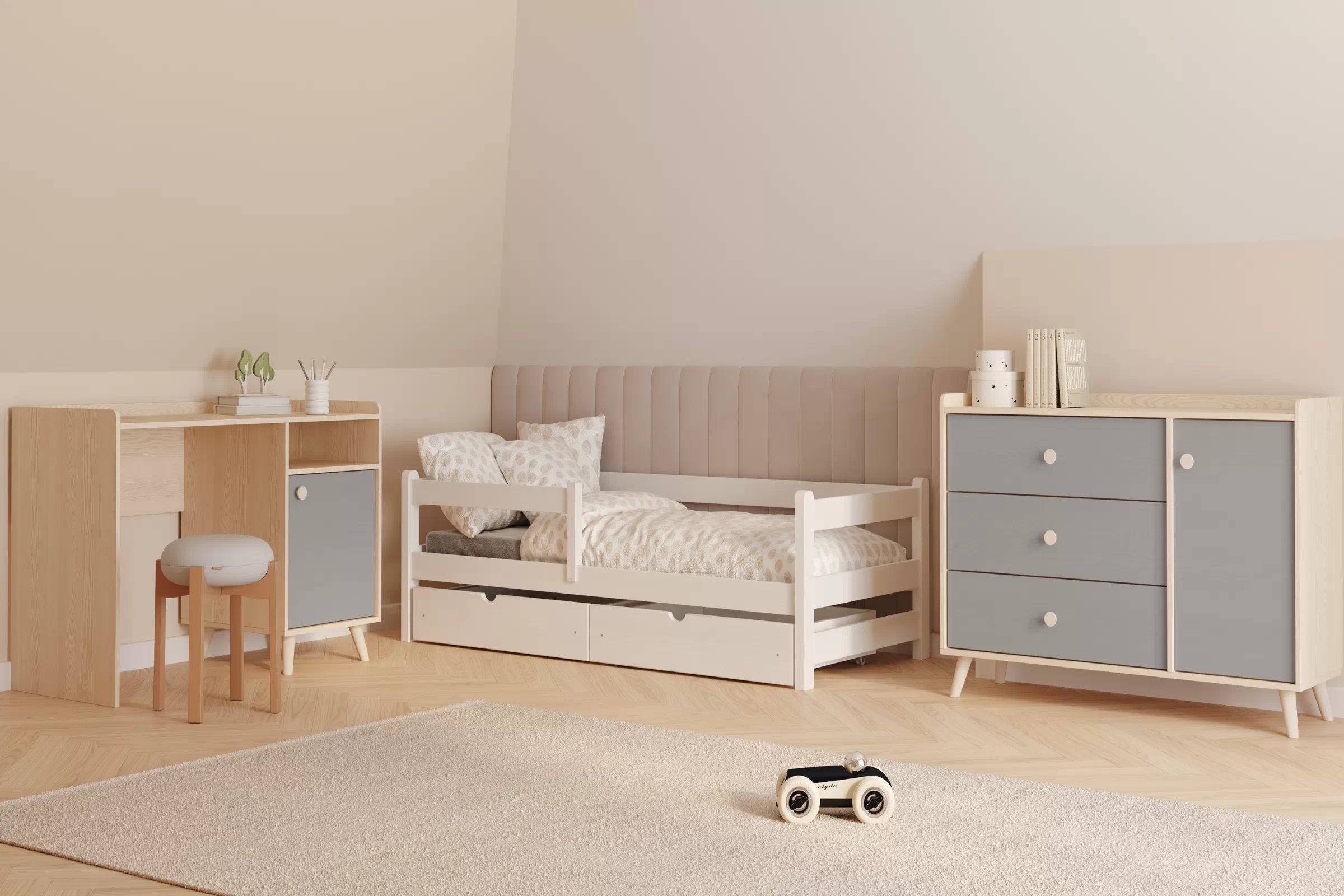 Komoda do detskej izby Marla 120 cm - púštny piesok / sivá Komoda dziecieca Marla 120 cm so zásuvkami - piasek pustyni / šedý pallad