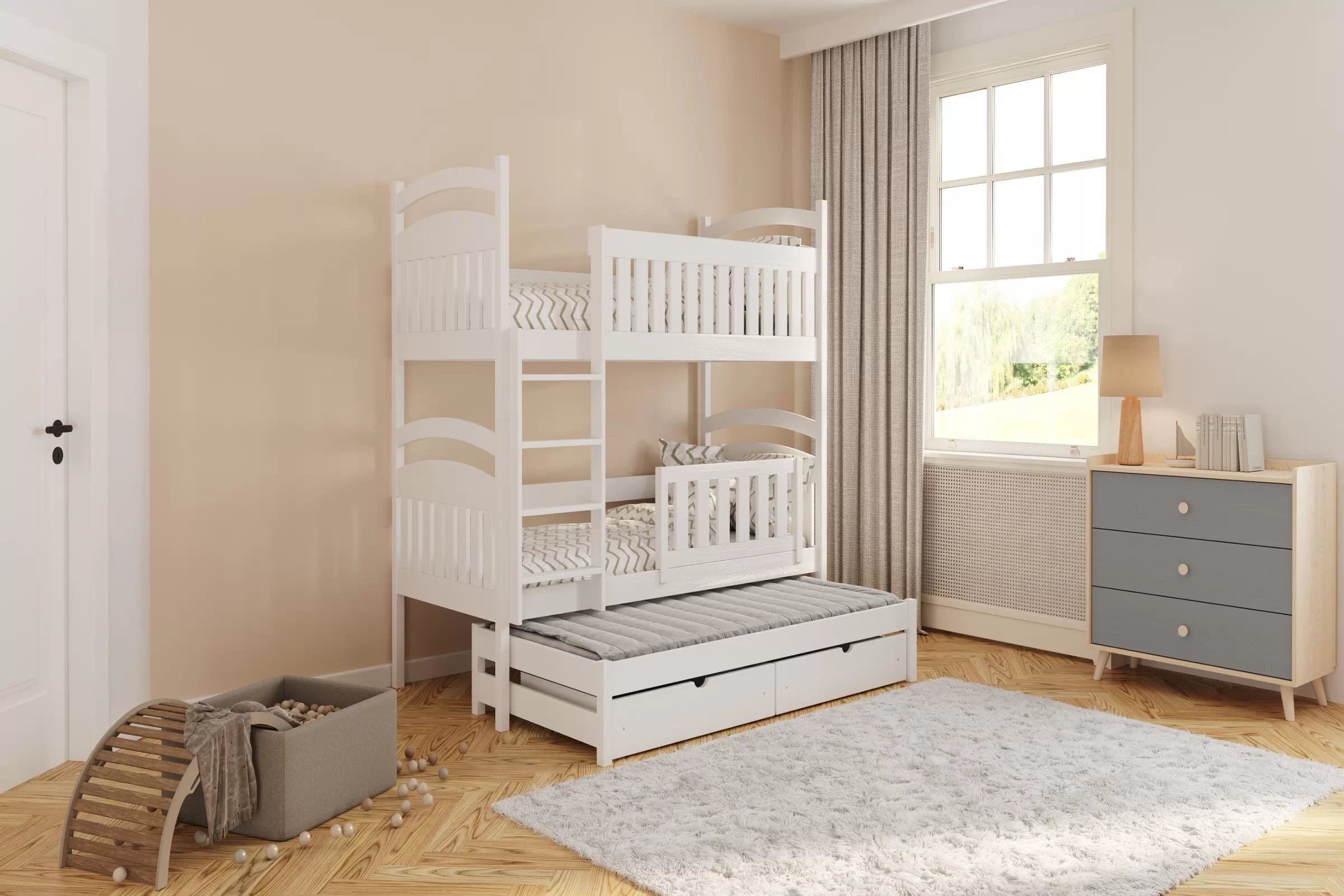 Komoda do detskej izby Marla 90 cm - púštny piesok / sivá Komoda dziecieca Marla 90 cm so zásuvkami - piasek pustyni / šedý pallad