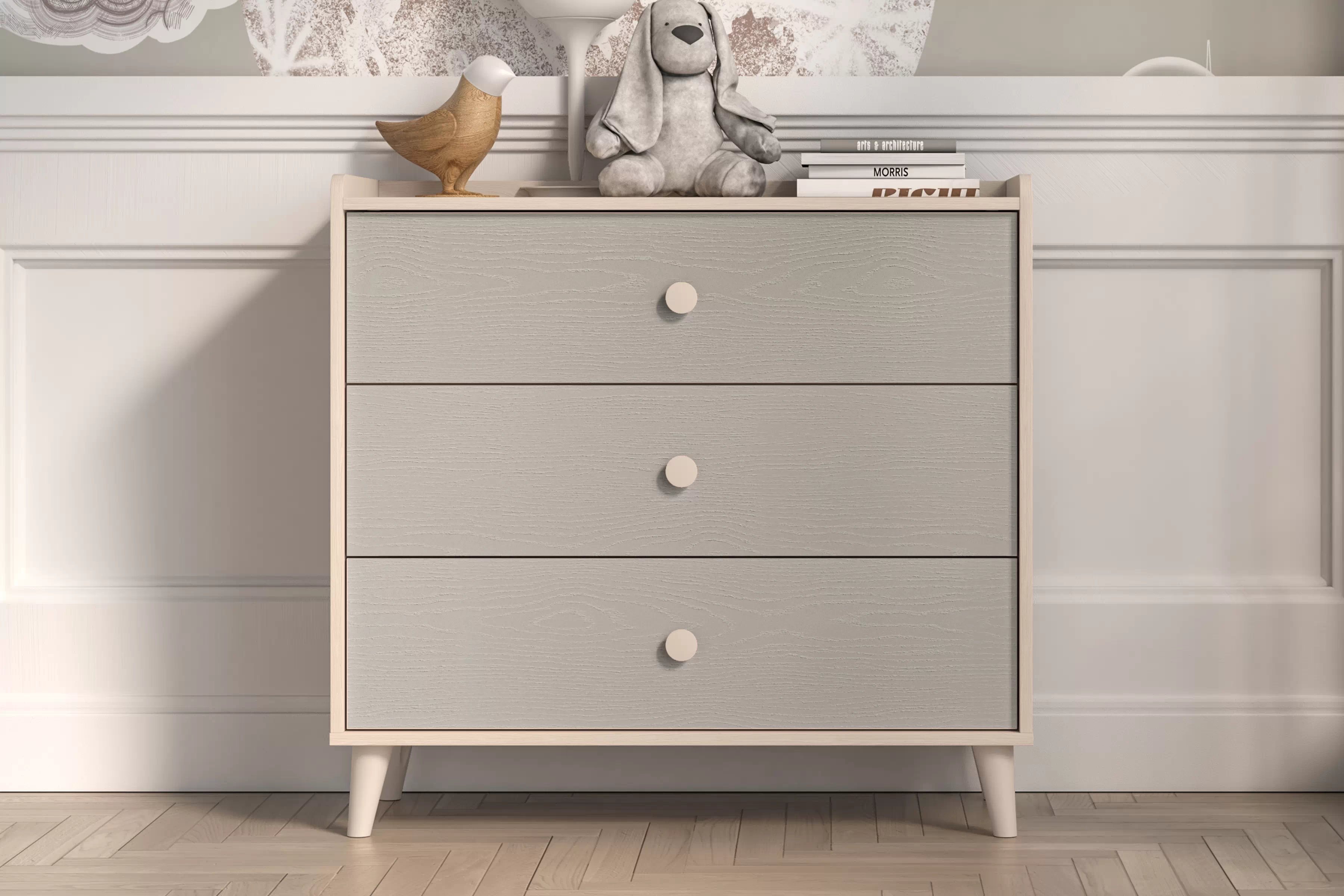 Komoda do detskej izby Marla 90 cm - púštny piesok / sivá Komoda dziecieca Marla 90 cm so zásuvkami - piasek pustyni / šedý pallad