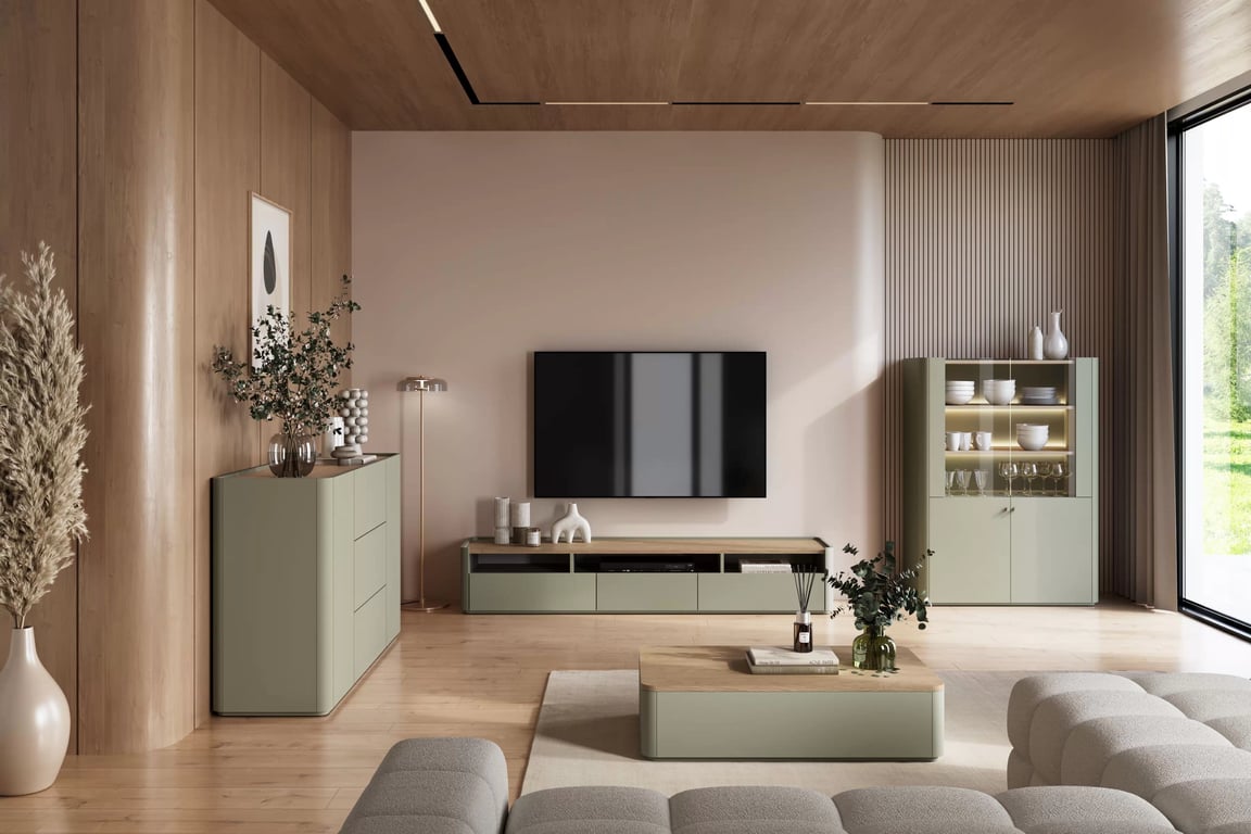 Komoda Elivo 150 cm se zásuvkami - eukaliptus / dub baltic dune Komoda Elivo 150 cm se zásuvkami - eukaliptus / dub baltic dune