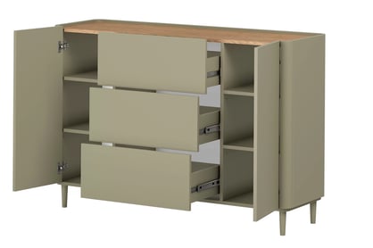 Komoda Elivo 150 cm se zásuvkami na nožkách - eukaliptus / dub baltic dune Komoda Elivo 150 cm se zásuvkami na nožkách - eukaliptus / dub baltic dune