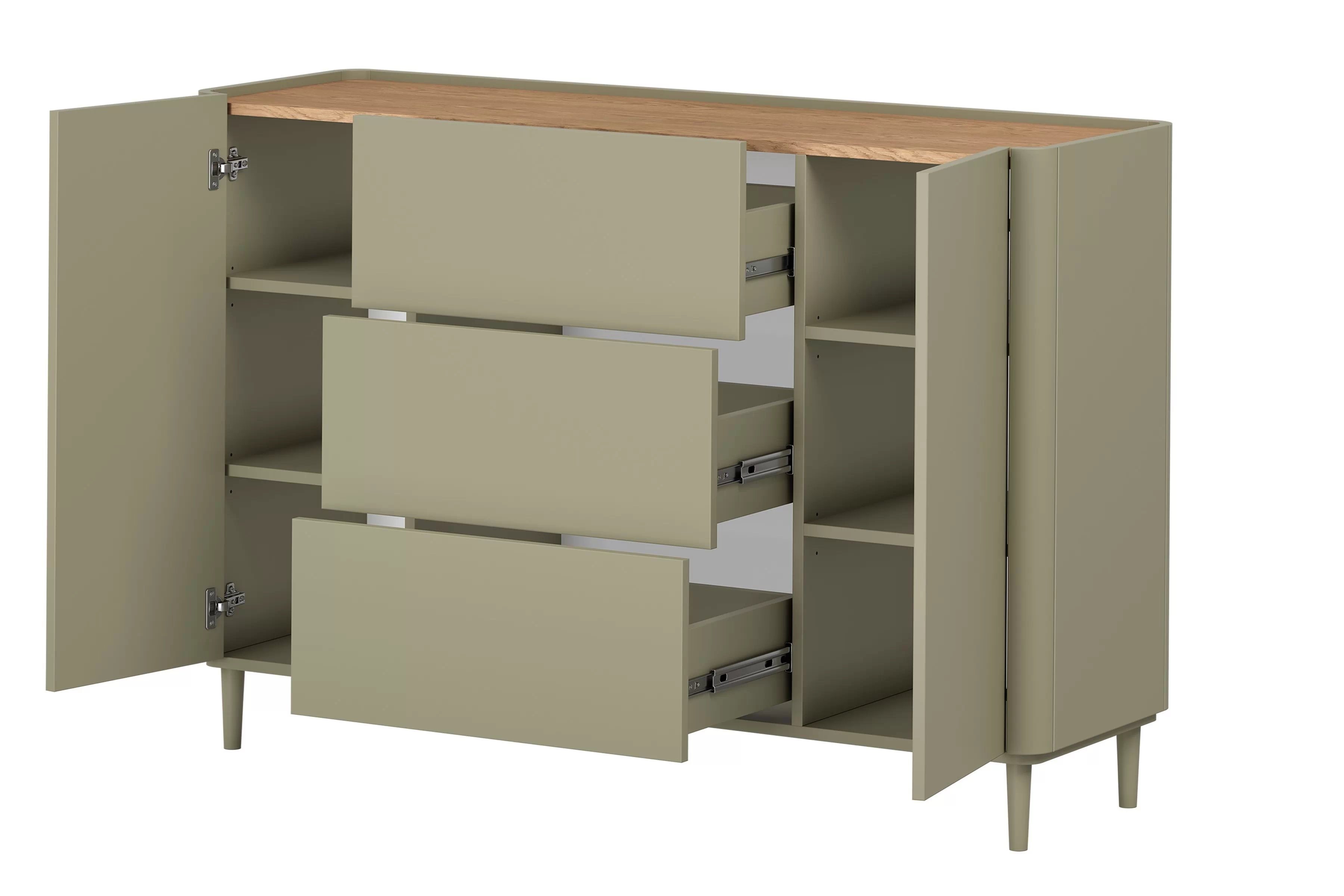 Komoda Elivo 150 cm na nožkách - eukalyptus / dub baltic dune Komoda Elivo 150 cm se zásuvkami na nožkách - eukaliptus / dub baltic dune