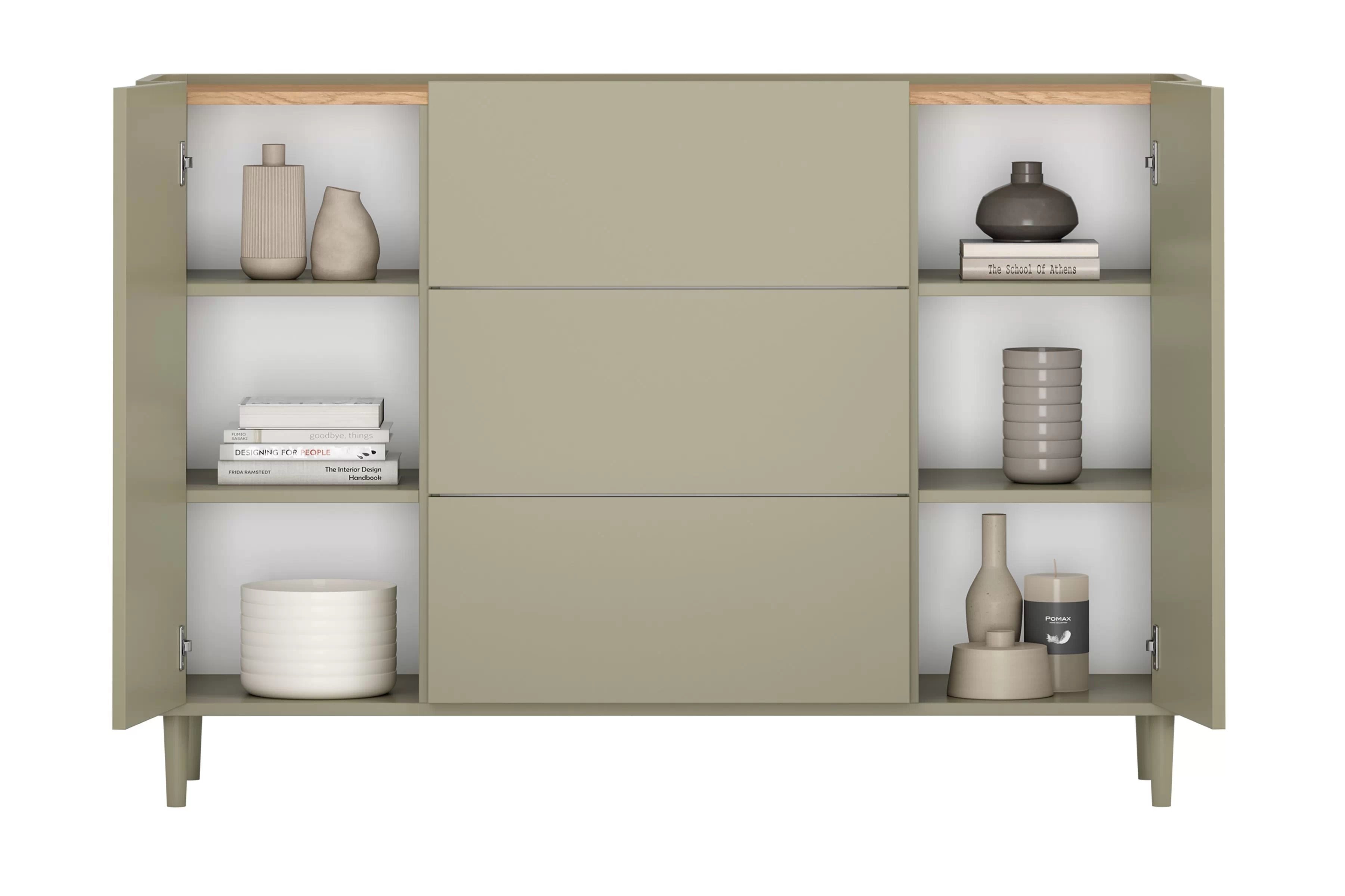 Komoda Elivo 150 cm na nožkách - eukalyptus / dub baltic dune Komoda Elivo 150 cm se zásuvkami na nožkách - eukaliptus / dub baltic dune