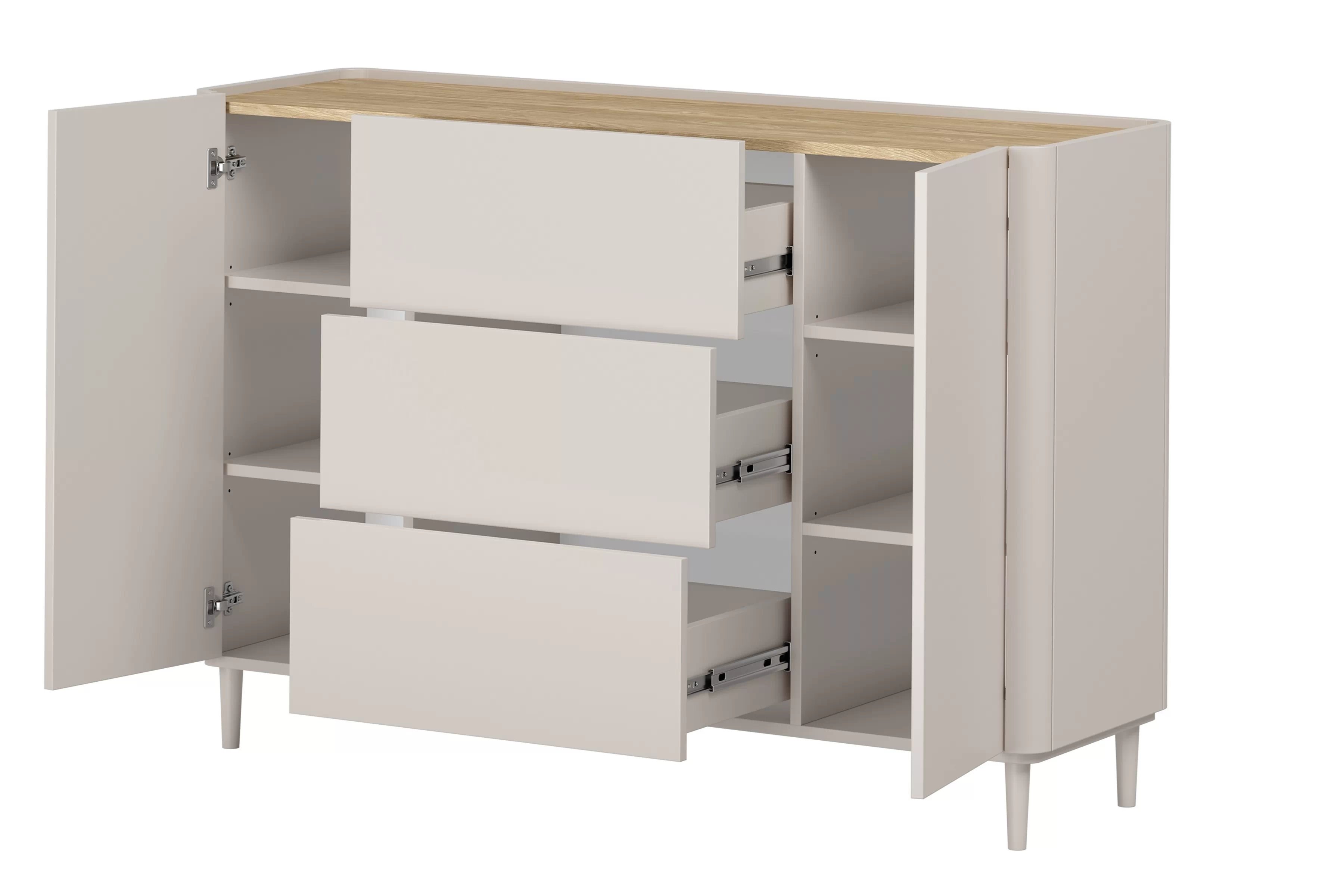 Komoda Elivo 150 cm na nožkách - kašmírová / dub olejovaný Komoda Elivo 150 cm se zásuvkami na nožkách - kašmír / dub olejowany