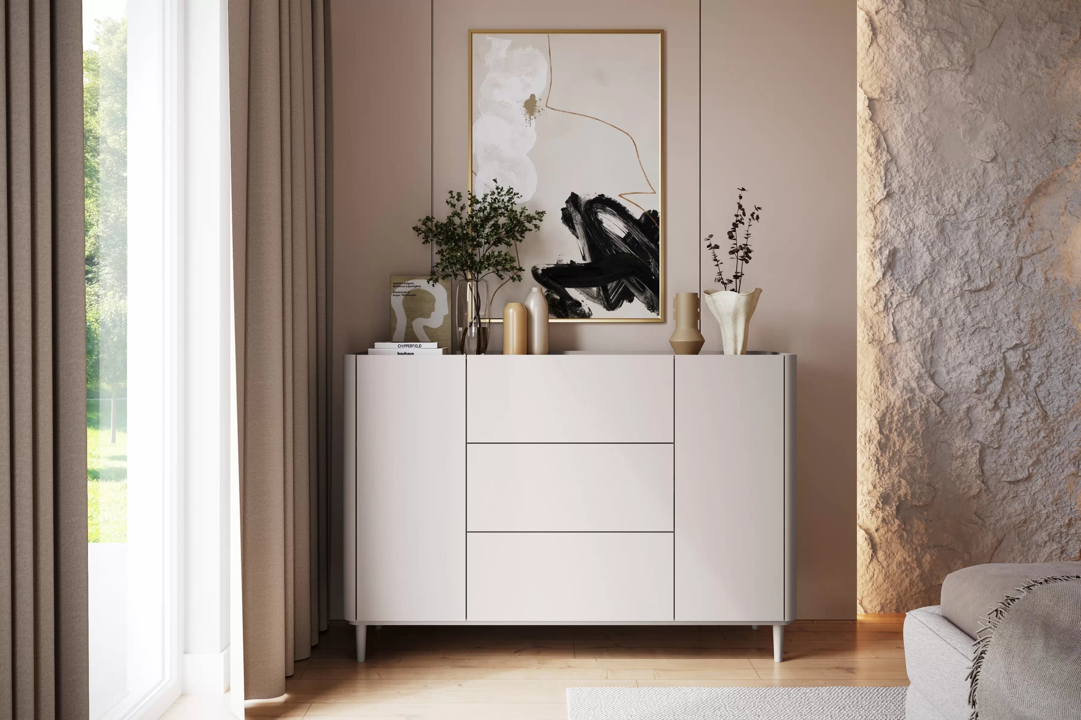 Komoda Elivo 150 cm na nožkách - kašmírová / dub olejovaný Komoda Elivo 150 cm se zásuvkami na nožkách - kašmír / dub olejowany