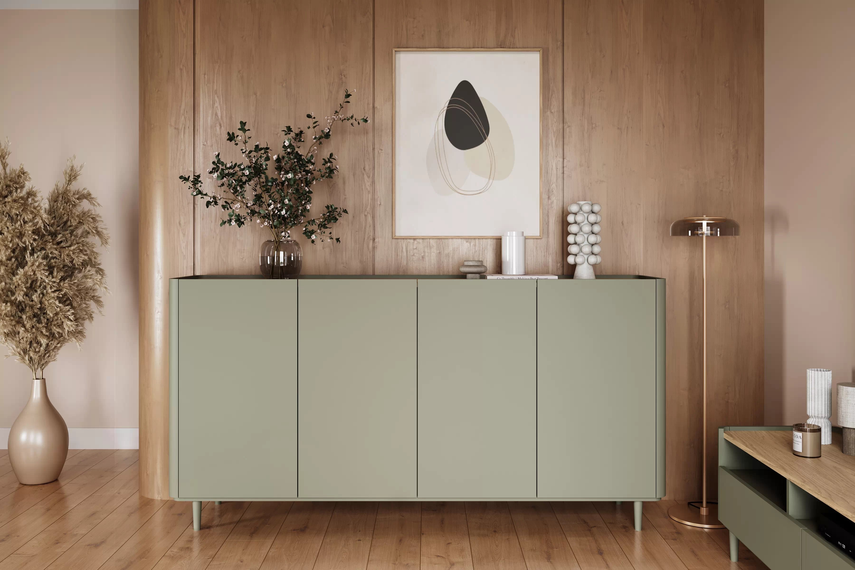 Komoda Elivo 200 cm štvordverová na nožičkách - eukalyptus / dub baltic dune Komoda Elivo 200 cm štvordverová na nôžkach - eukaliptus / Dub baltic dune