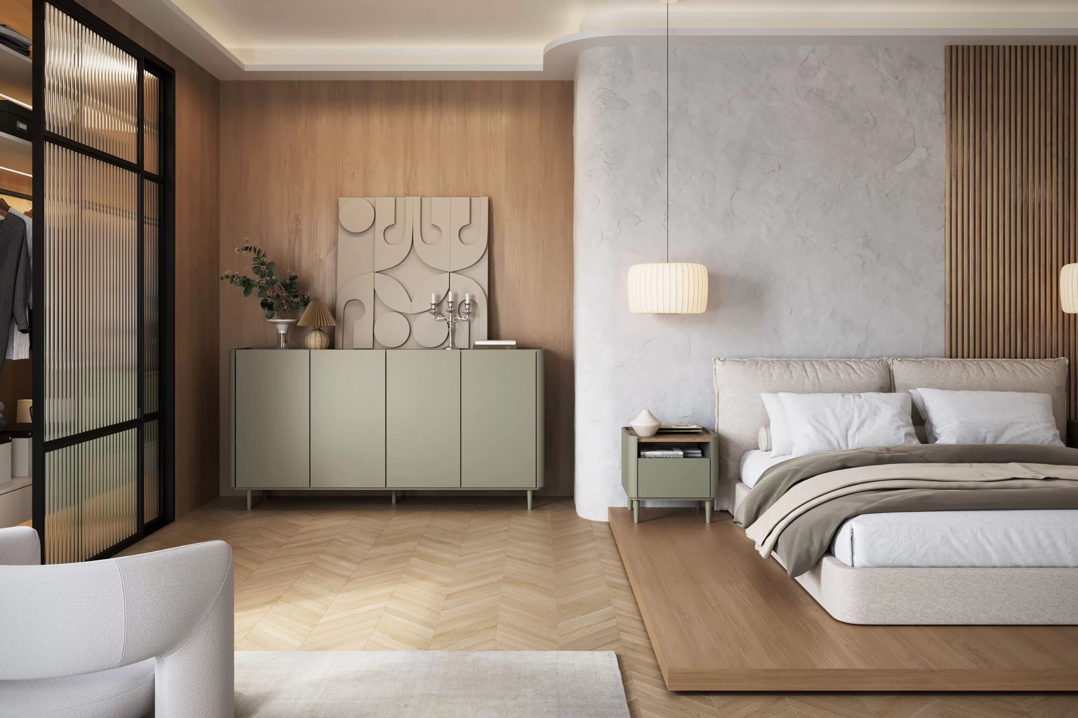 Komoda Elivo 200 cm na nožičkách - eukalyptus / dub baltic dune Komoda Elivo 200 cm na nôžkach - eukaliptus / Dub baltic dune