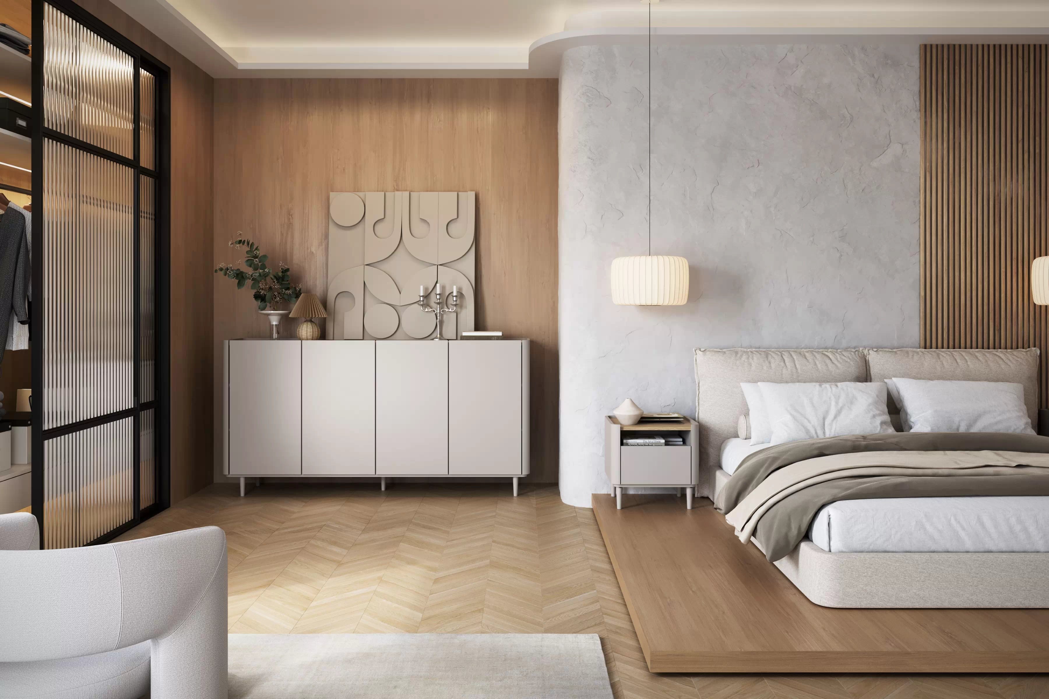 Komoda Elivo 200 cm na nožkách - kašmír / olejovaný dub Komoda Elivo 200 cm na nožkách - kašmír / dub olejowany