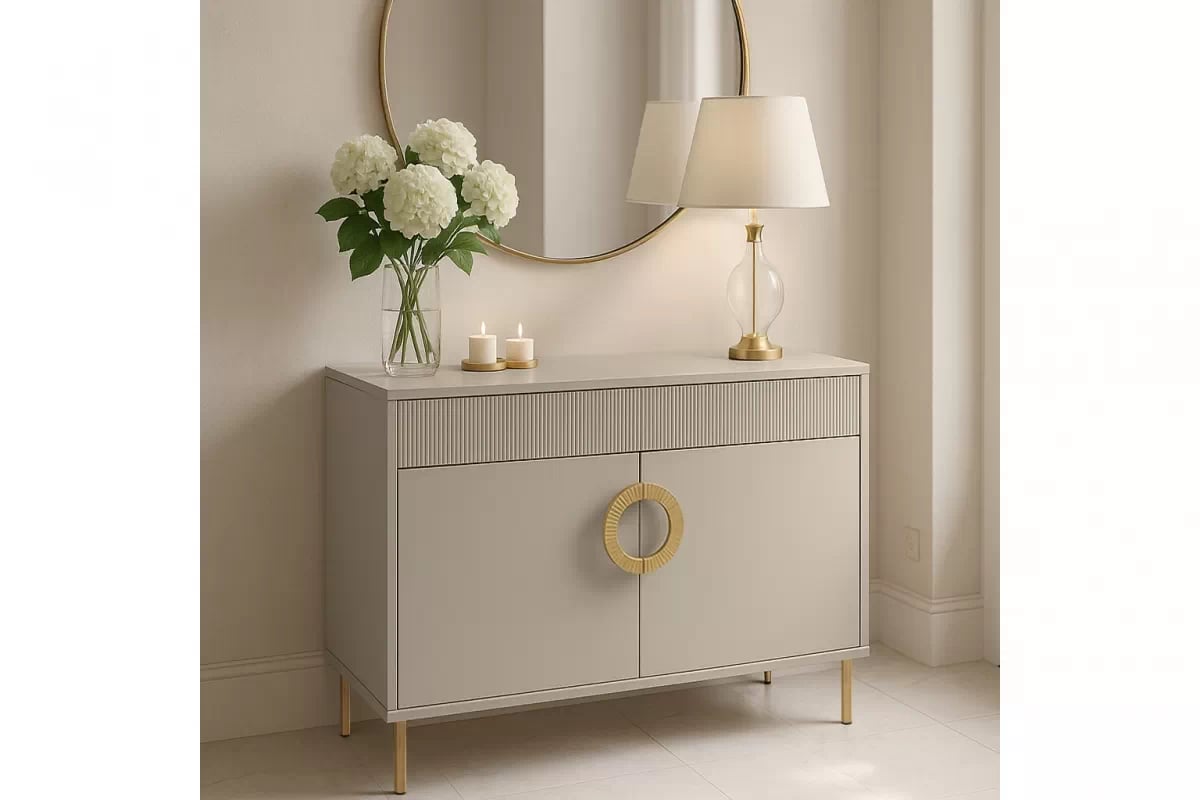 Komoda Nubo 100 cm so zásuvkou - kašmírová / zlatá Komoda Gotimo 100 cm z szuflada - kašmír / zlote nožičky
