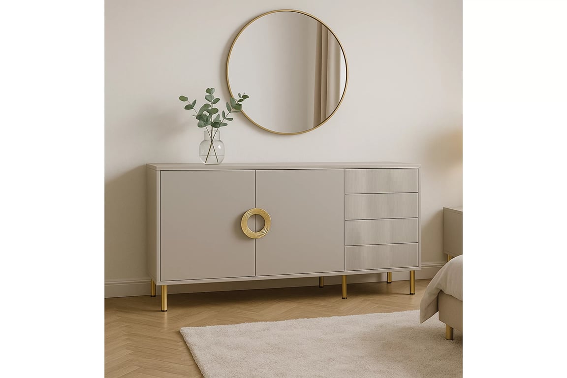 Komoda Gotimo 150 cm se zásuvkami - kašmír / zlaté nohy Komoda Gotimo 150 cm se zásuvkami - kašmír / zlote Nohy