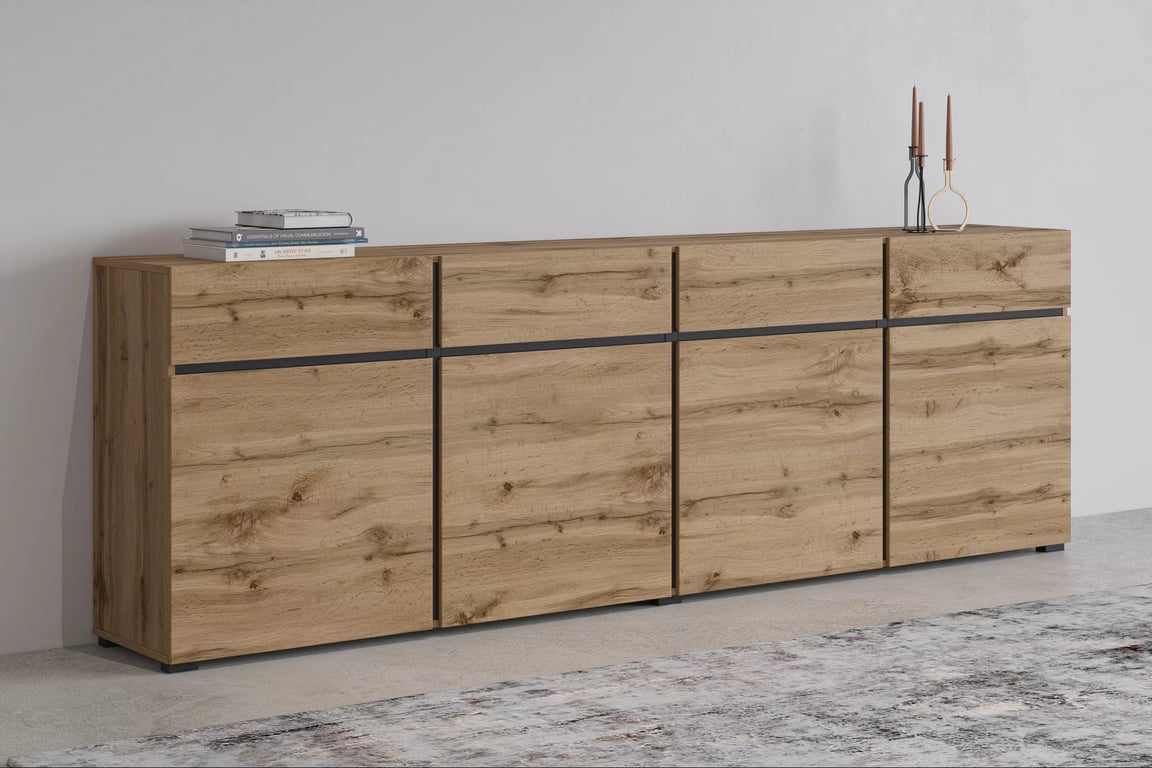 Comodă Gramon 225 cm cu sertare - stejar wotan / negru Comoda Gramon 225 cm cu sertare - stejar wotan / negru