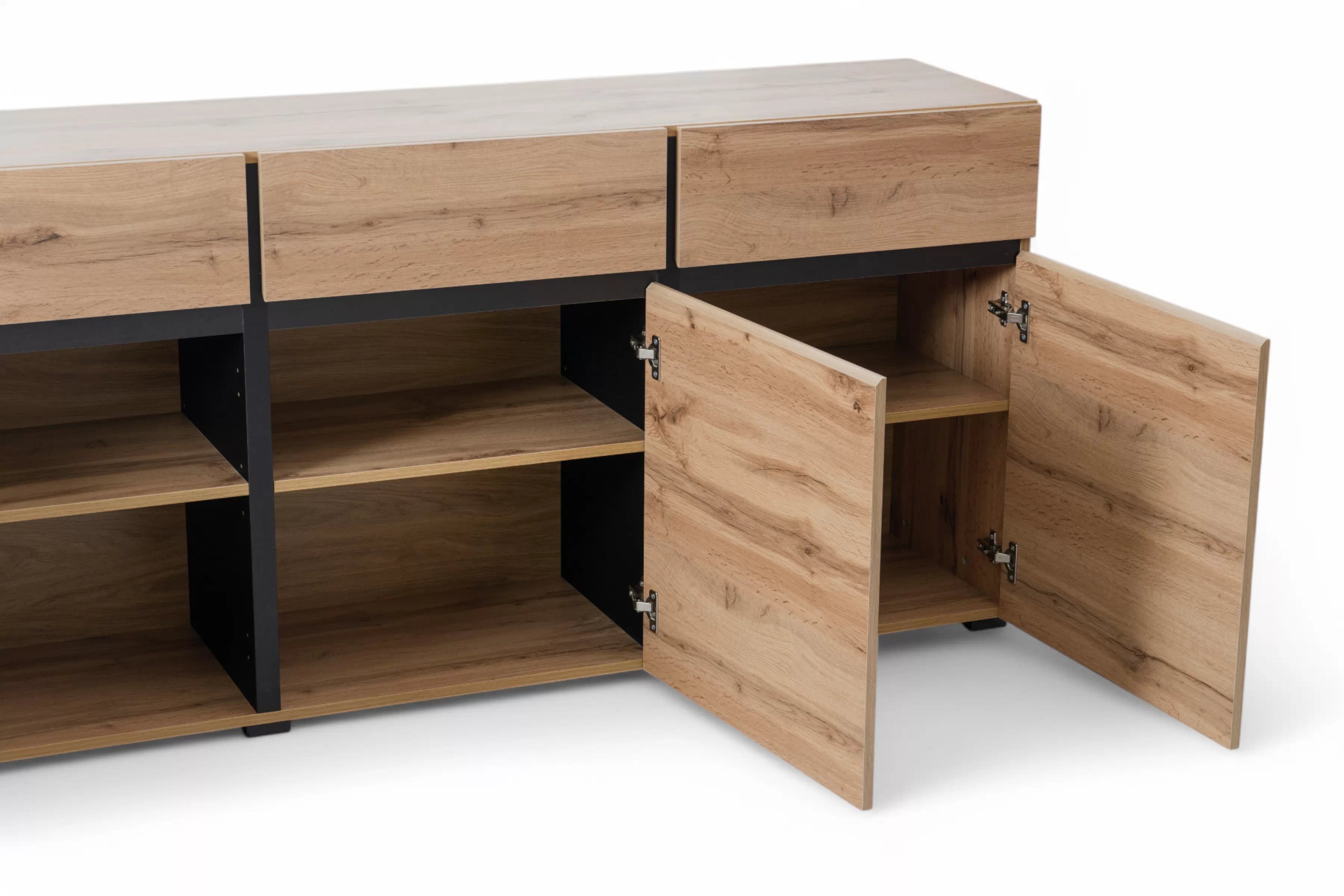 Komoda Cross 225 cm so 4 zásuvkami - dub wotan / čierna Komoda Gramon 225 cm so zásuvkami - Dub wotan / Čierny