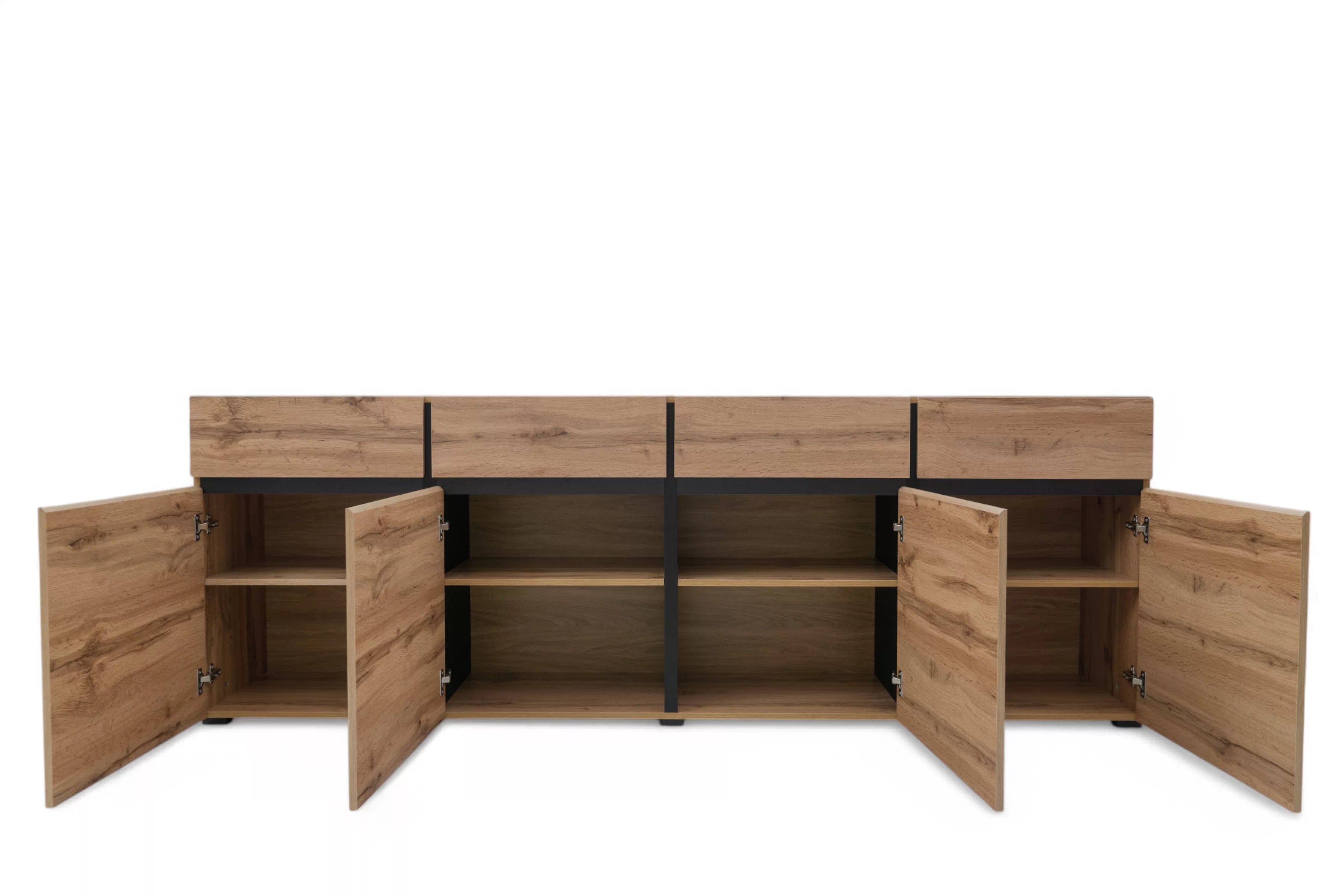 Komoda Cross 225 cm so 4 zásuvkami - dub wotan / čierna Komoda Gramon 225 cm so zásuvkami - Dub wotan / Čierny