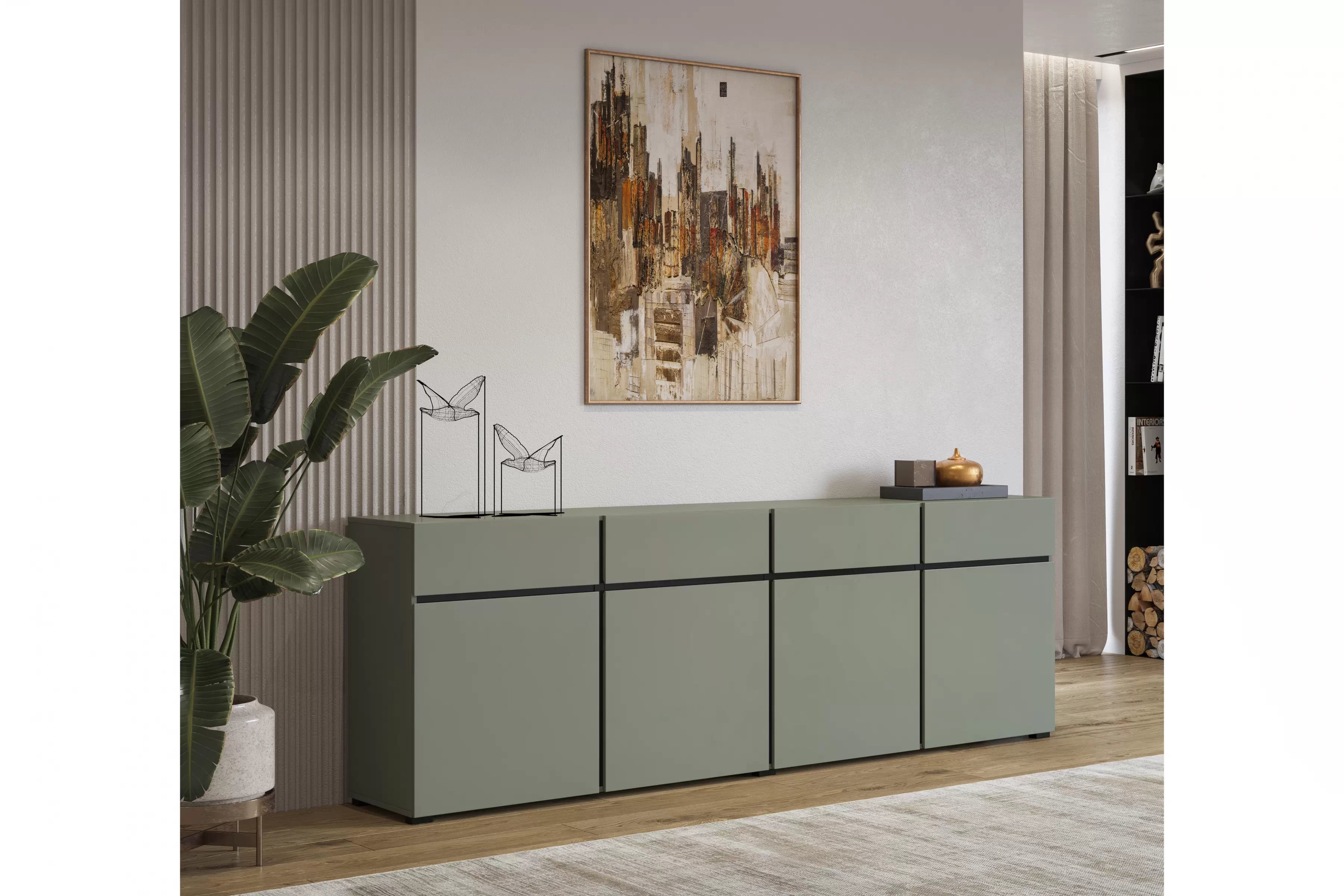 Komoda Cross 225 cm so 4 zásuvkami – zelená / čierna Komoda Gramon 225 cm so zásuvkami - Zelený / Čierny