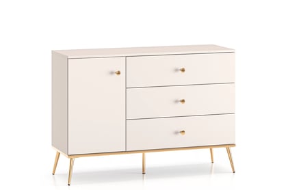 Jednodveřová komoda Narelli 120 cm s zásuvkami - kašmír / zlaté nohy