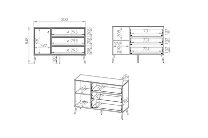 Komoda Riomi 05 so zásuvkami i metalowymi nogami 120 cm - biely lesk / zlote nožičky Komoda so zásuvkami