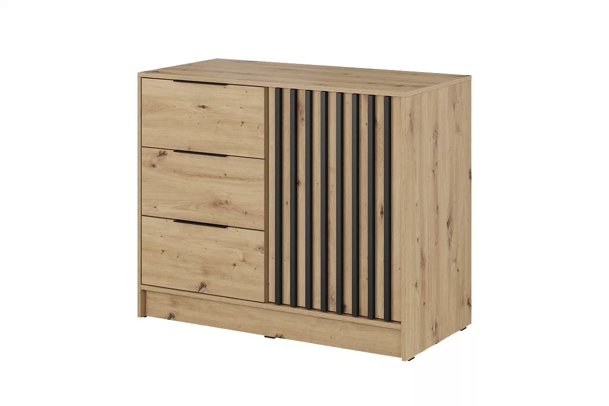 Komoda s tromi zásuvkami Neria - dub artisan / čierny Komoda z lamelami
