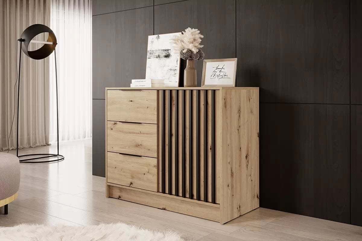 Komoda s tromi zásuvkami Neria - dub artisan / čierny Komoda so zásuvkami a lamelami