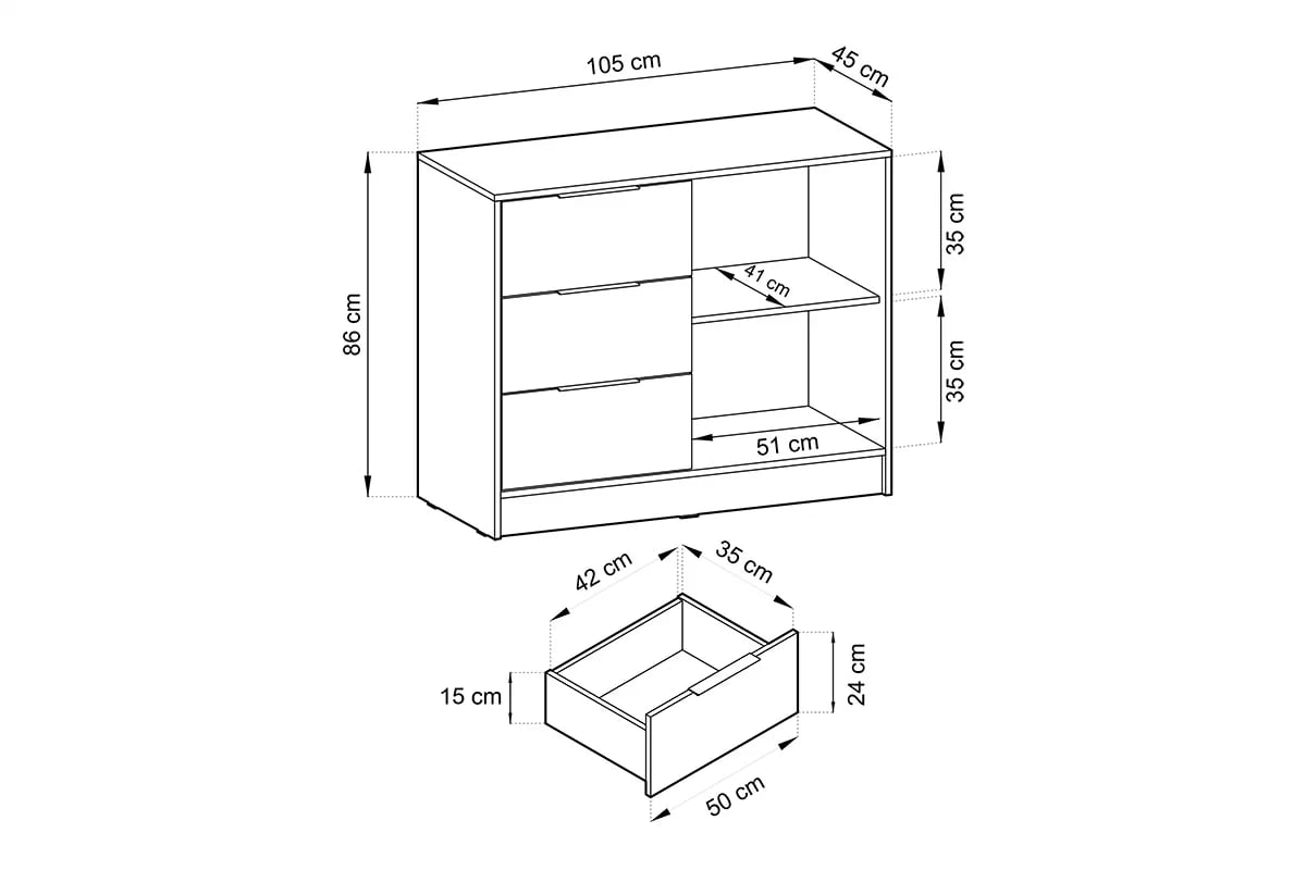 Komoda s tromi zásuvkami Neria - dub artisan / čierny Jednodverová komoda s tromi zásuvkami Neria - dub artisan / čierny - rozmery