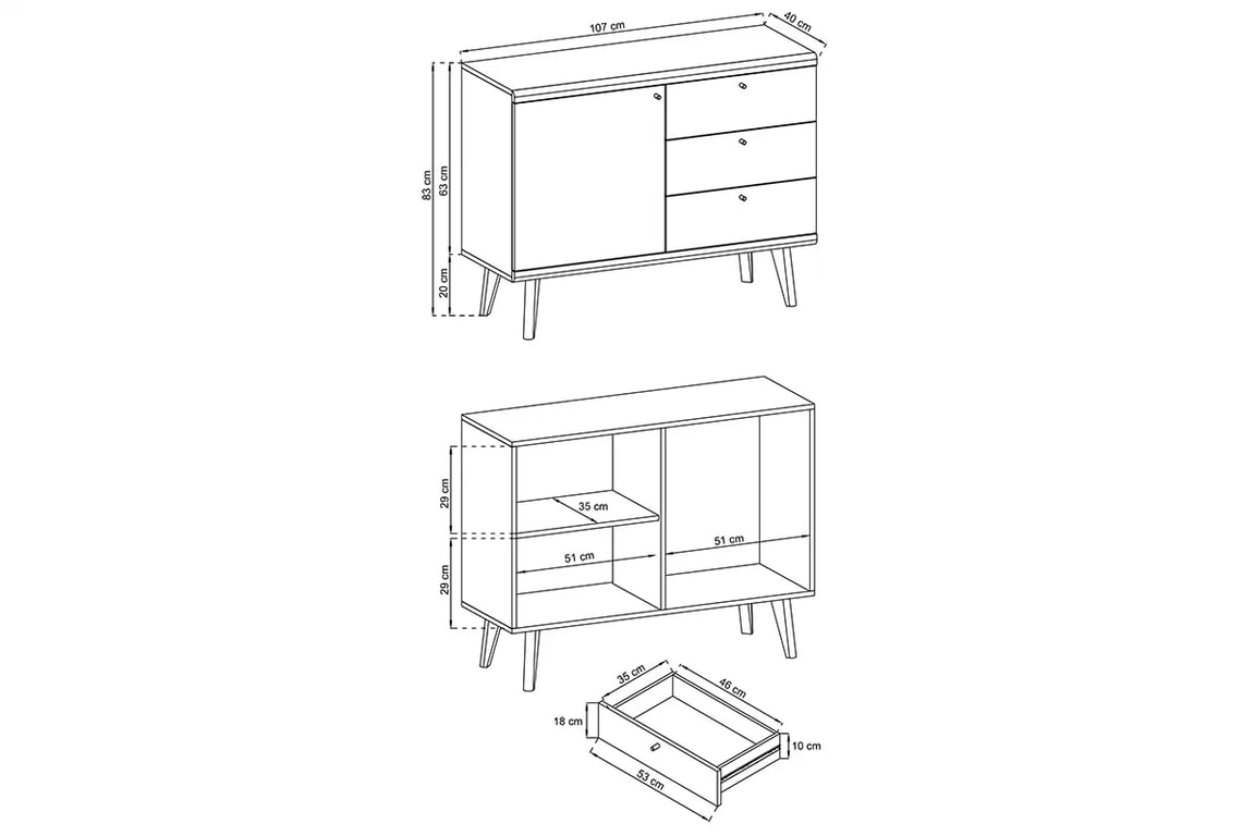 Komoda Promi P 107 cm - bílý mat / dub riviera Komoda jednodveřová s třemi zásuvkami Promi P107 - bílý mat / dub artisan