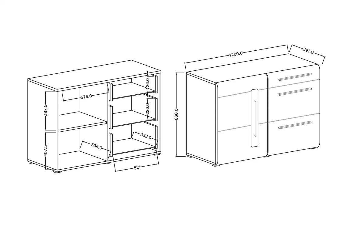 Komoda Tulsa 45 se zásuvkami 120 cm - bílá / bílá lesk Komoda jednodveřová se třemi  zásuvkami Tulsa 45 -  Bílá / bílý lesk - Rozměry