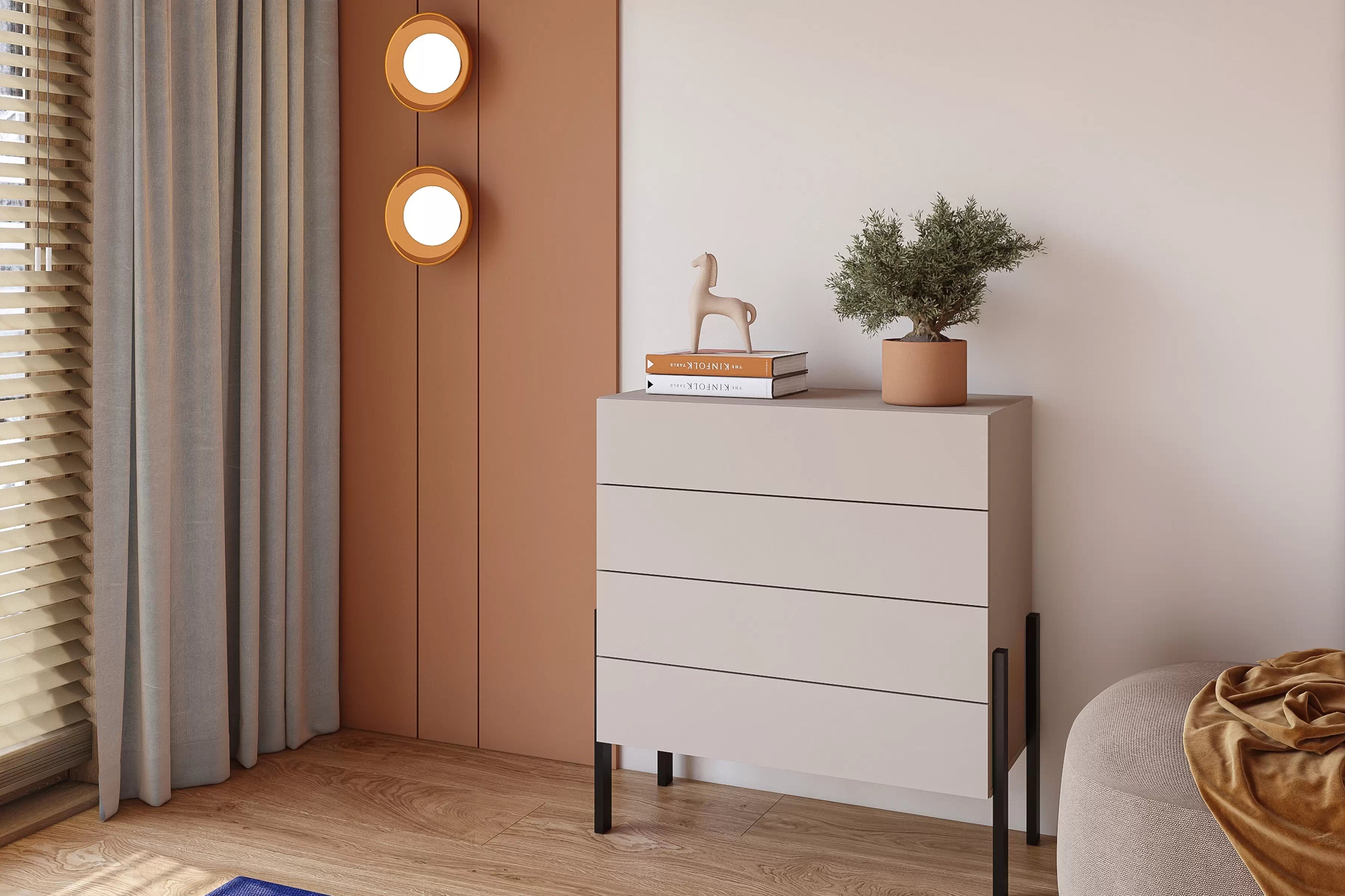 Komoda Jukon 84 cm - kašmírová / čierna Komoda Jukon 84 cm so zásuvkami - kašmír / čierny nožičky 