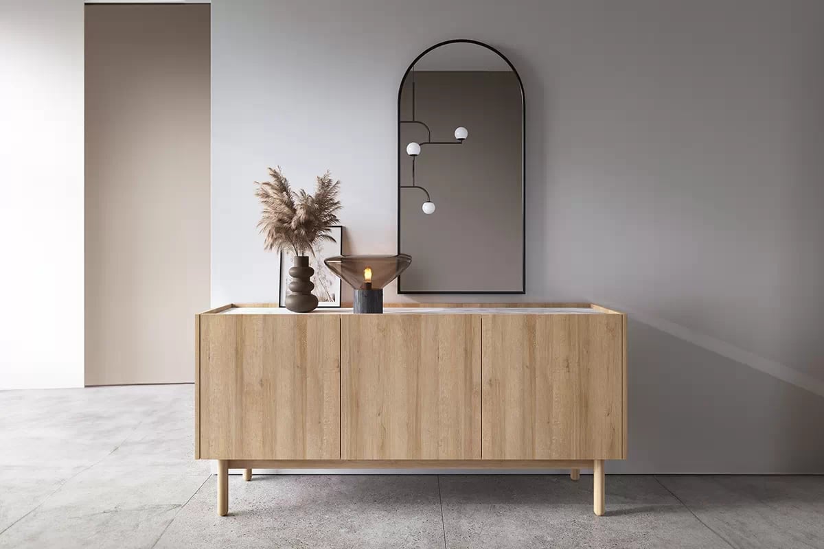 Moderní komoda Landia 144 cm třídveřová - dub riviera / bílý mramor Komoda Landia 144 cm třídveřová - dub riviera / bílá mramor