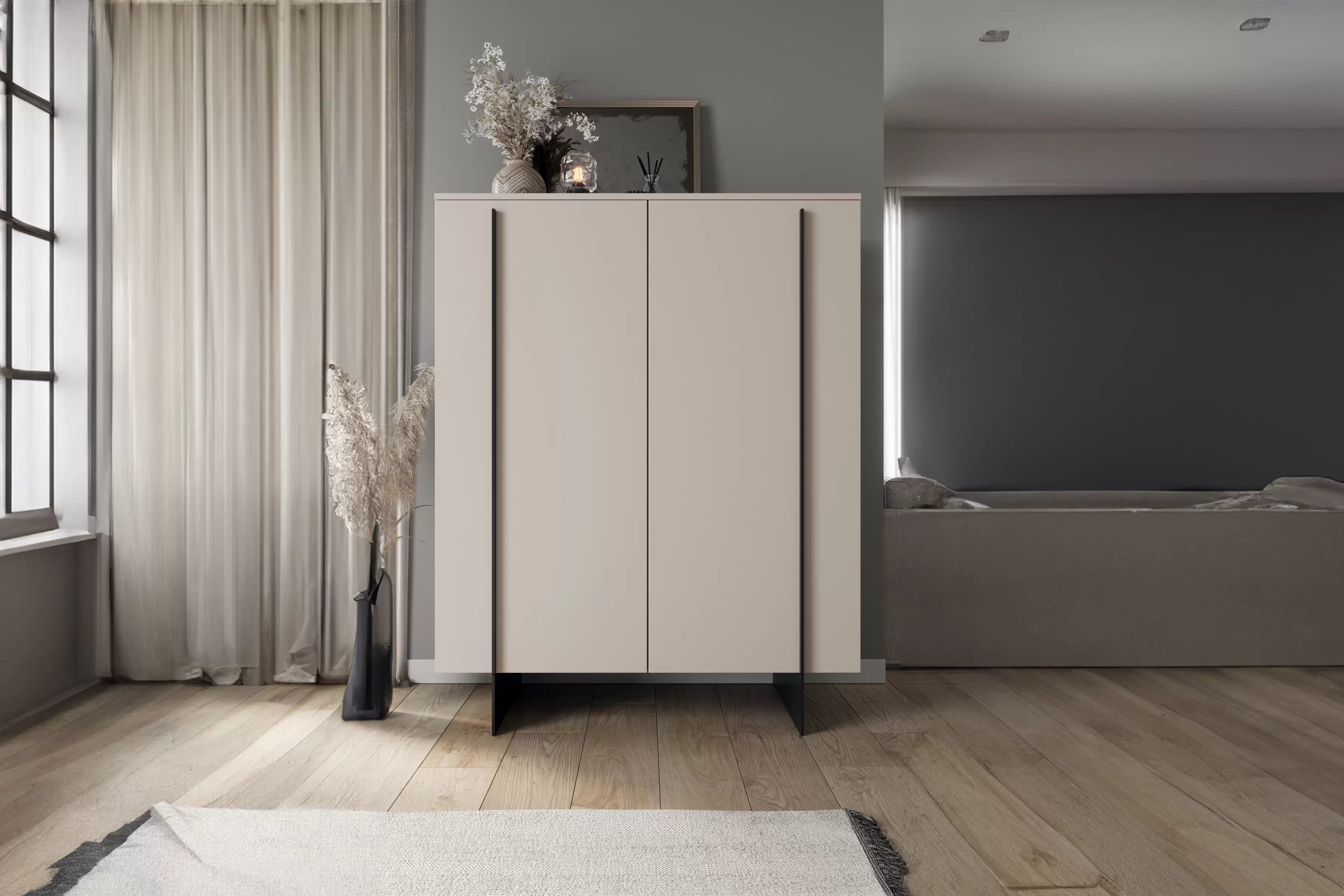 Vysoká komoda Larena 120 cm s dvoma dverami - kasmír / čierne nožičky Komoda vysoká Larena 120 cm dvojdverová - kašmír / čierny nozki