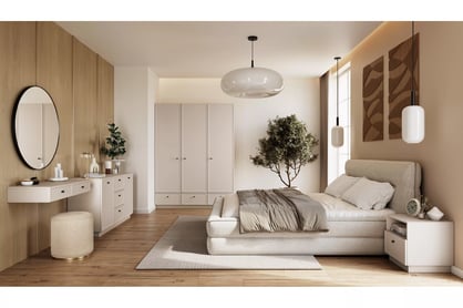 Komoda Lorini 150 cm so zásuvkami - kašmír / čierne úchytky Komoda Lorini 150 cm so zásuvkami - kašmír / čierny úchyty