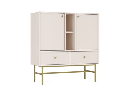 Bežová komoda Lotina 100 cm s dvoma dverami, zásuvkami a policami - piesková / zlatý rám