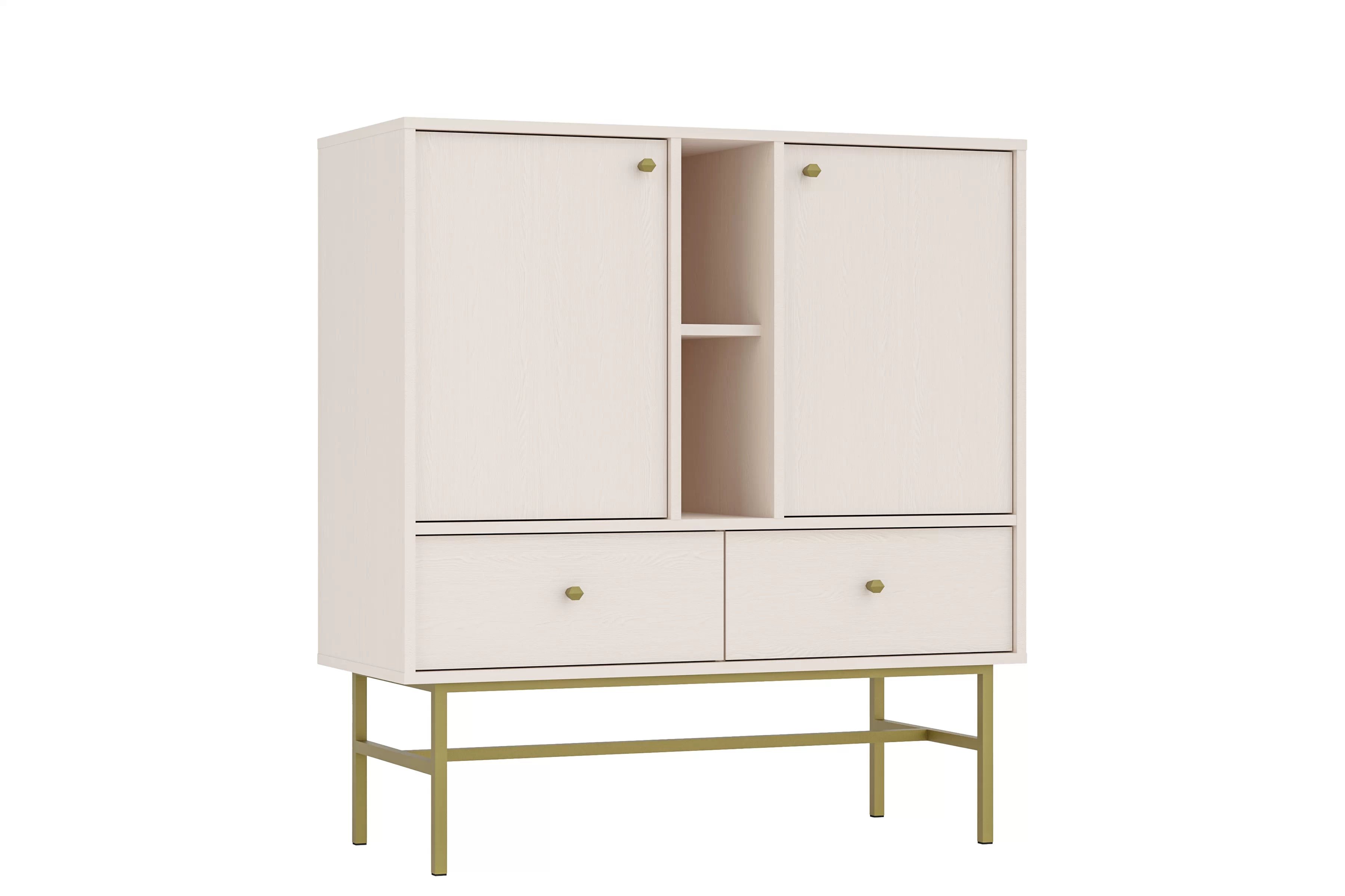 Bežová komoda Lotina 100 cm s dvoma dverami, zásuvkami a policami - piesková / zlatý rám Komoda Lotina 100 cm dvojdverová so zásuvkami i wnekami - Béžová Pieskový / zlaté Rošt