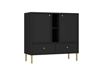 Čierna komoda Lotina 100 cm s dvoma dverami, zásuvkami a poličkami - čierny grafit / zlaté nohy