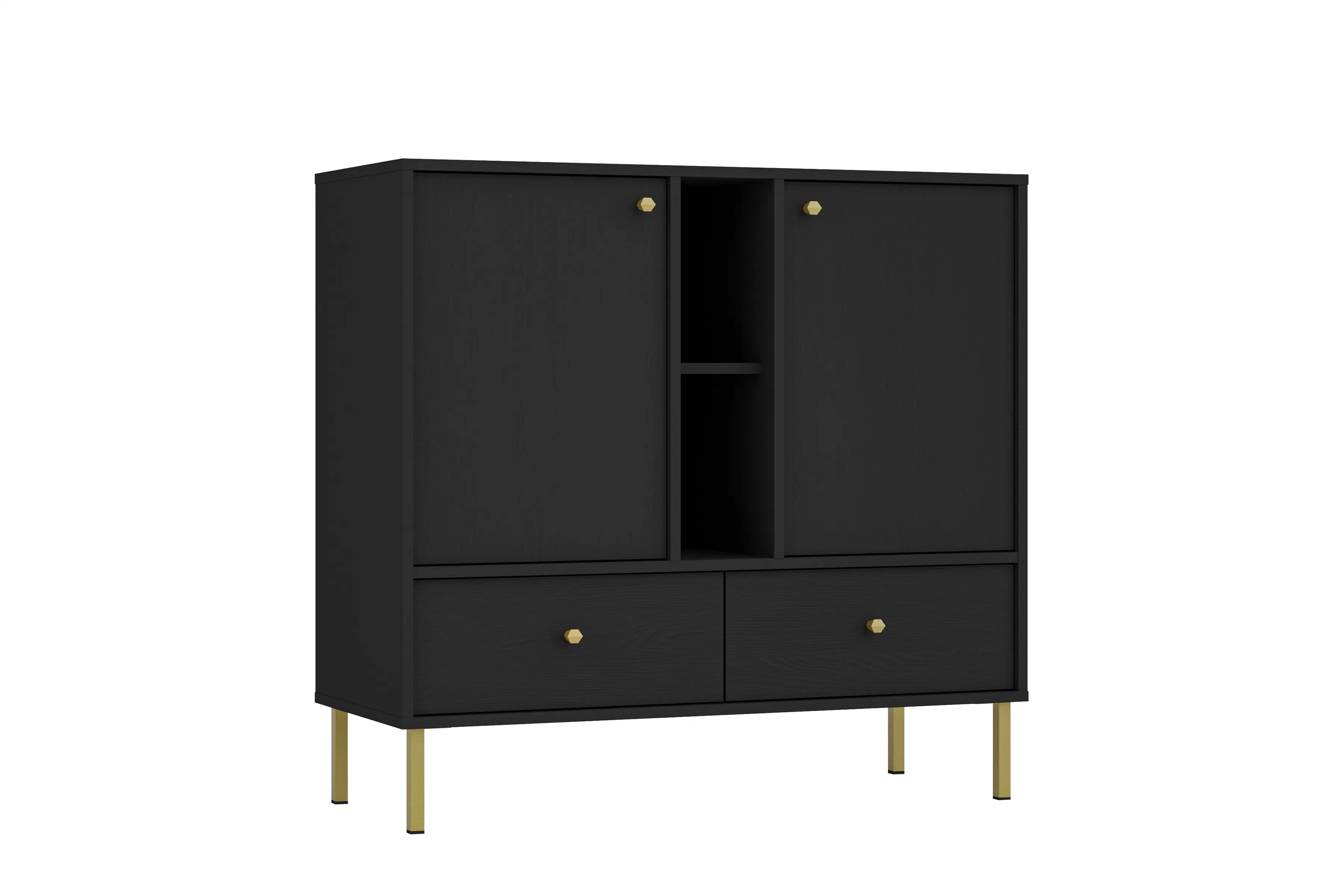 Čierna komoda Lotina 100 cm s dvoma dverami, zásuvkami a poličkami - čierny grafit / zlaté nohy Komoda Lotina 100 cm dvojdverová so zásuvkami i wnekami - Čierny grafit / zlote nožičky