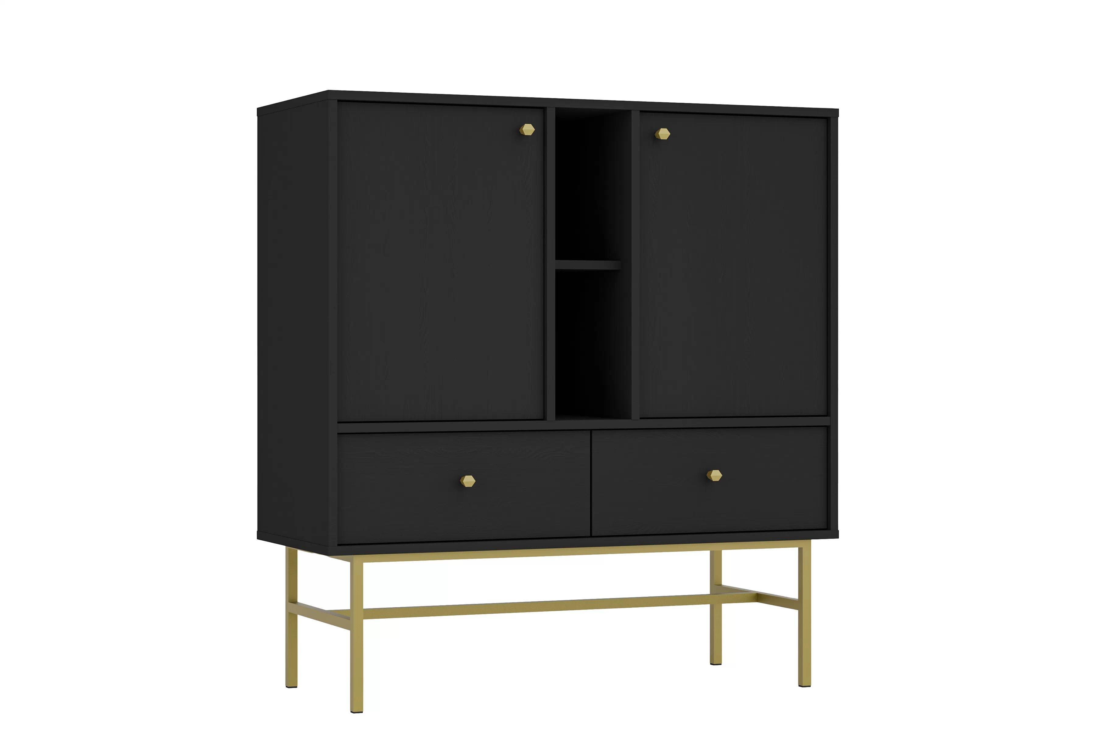 Čierna grafitová komoda Lotina 100 cm s dvoma dverami, zásuvkami a policami - zlatý rám Komoda Lotina 100 cm dvojdverová so zásuvkami i wnekami - Čierny grafit / zlaté Rošt