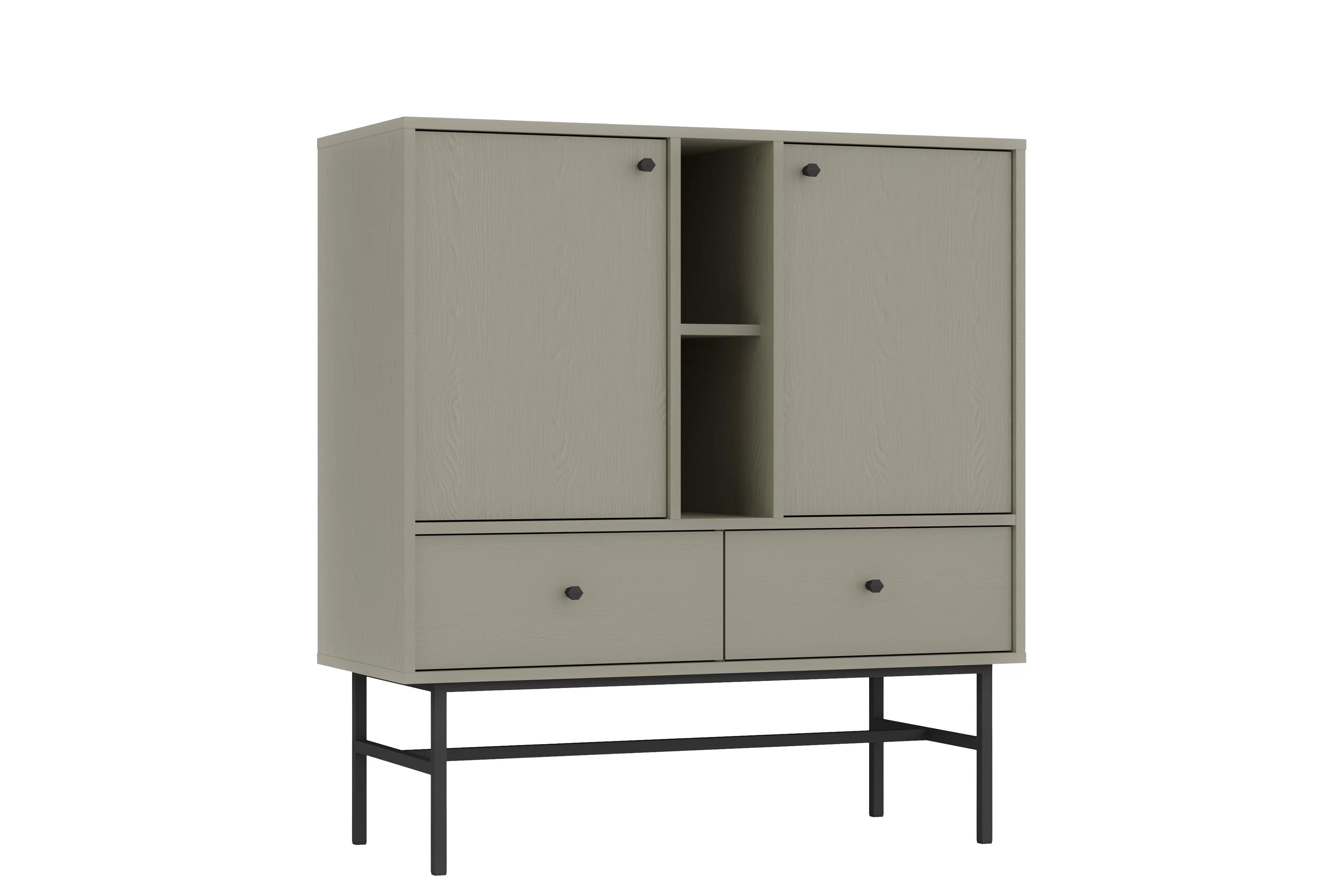 Dvojdverová komoda Lotina 100 cm so zásuvkami a otvorenými priestormi - eukalyptus / čierny rám Komoda Lotina 100 cm dvojdverová so zásuvkami i wnekami - eukaliptus / Čierny Rošt