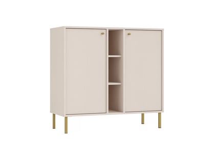 Dvojdverová komoda Lotina 100 cm s otvorenými policami - pieskový béžový / zlaté nohy