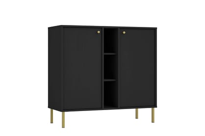 Čierna komoda Lotina 100 cm s dvoma dverami a policami - čierny grafit / zlaté nohy Komoda Lotina 100 cm dvojdverová z wnekami - Čierny grafit / zlote nožičky