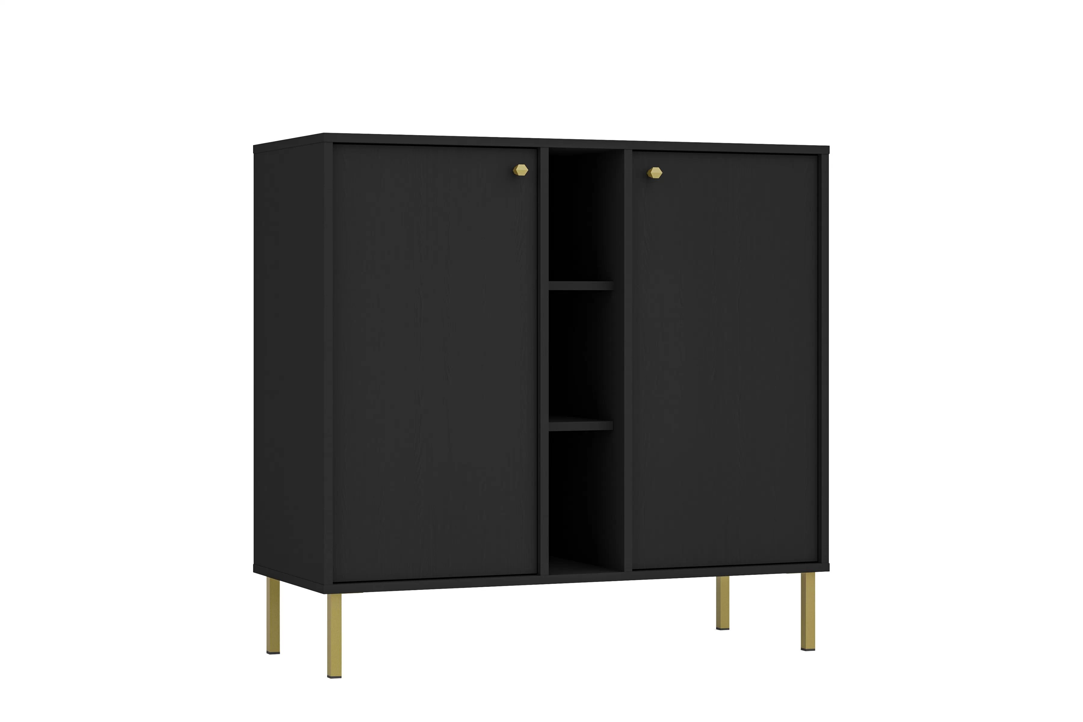 Čierna komoda Lotina 100 cm s dvoma dverami a policami - čierny grafit / zlaté nohy Komoda Lotina 100 cm dvojdverová z wnekami - Čierny grafit / zlote nožičky