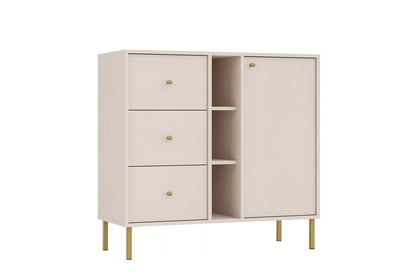 Jednodverová komoda Lotina 100 cm so zásuvkami a poličkami - pieskový béžový / zlaté nohy