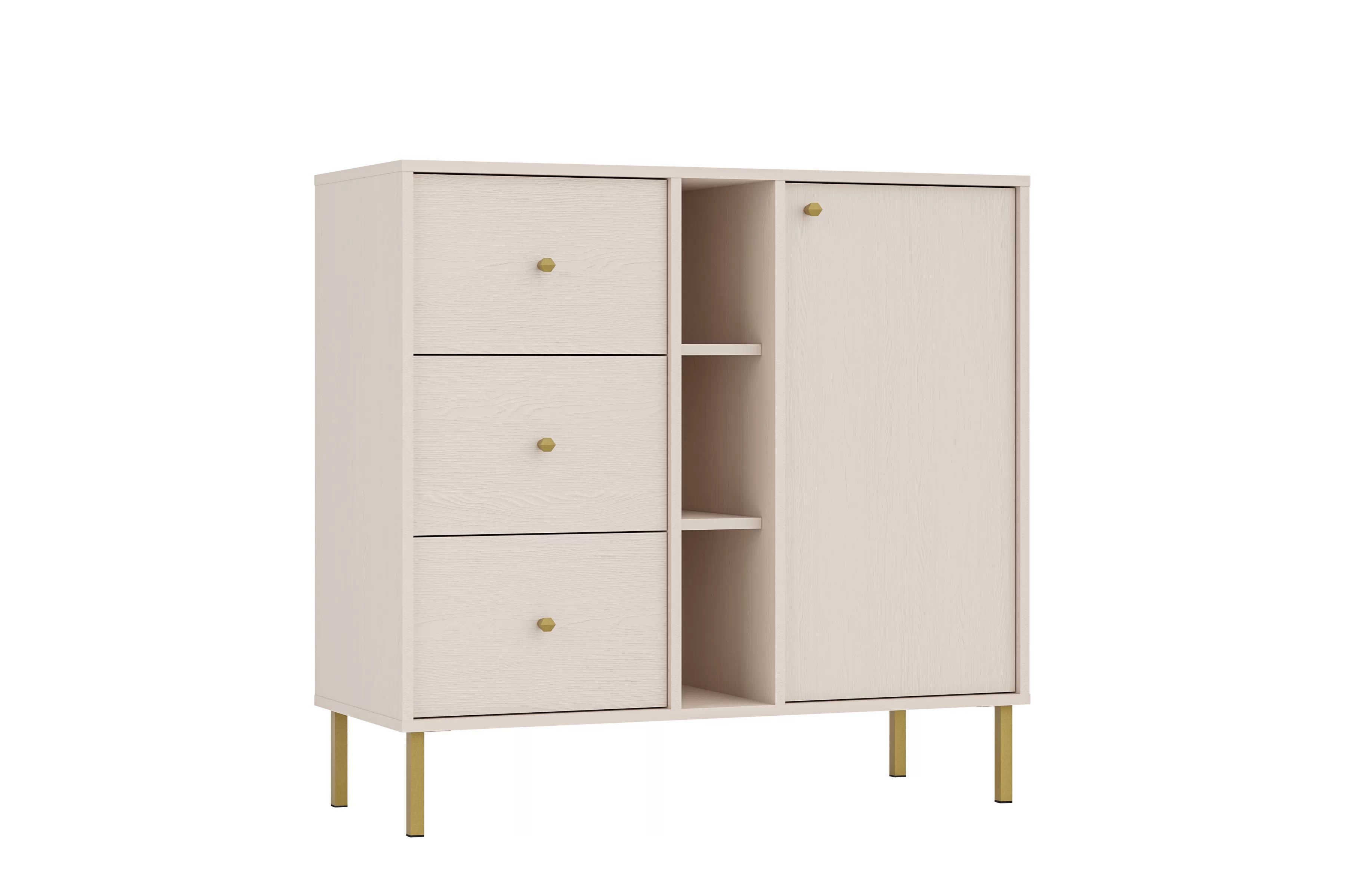 Jednodverová komoda Lotina 100 cm so zásuvkami a poličkami - pieskový béžový / zlaté nohy Komoda Lotina 100 cm jednodverová so zásuvkami i wnekami - Béžová Pieskový / zlote nožičky