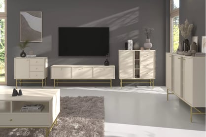 Jednodverová komoda Lotina 100 cm so zásuvkami a priehradkami - pieskový béžový / zlatý rám Komoda Lotina 100 cm jednodverová so zásuvkami i wnekami - Béžová Pieskový / zlaté Rošt