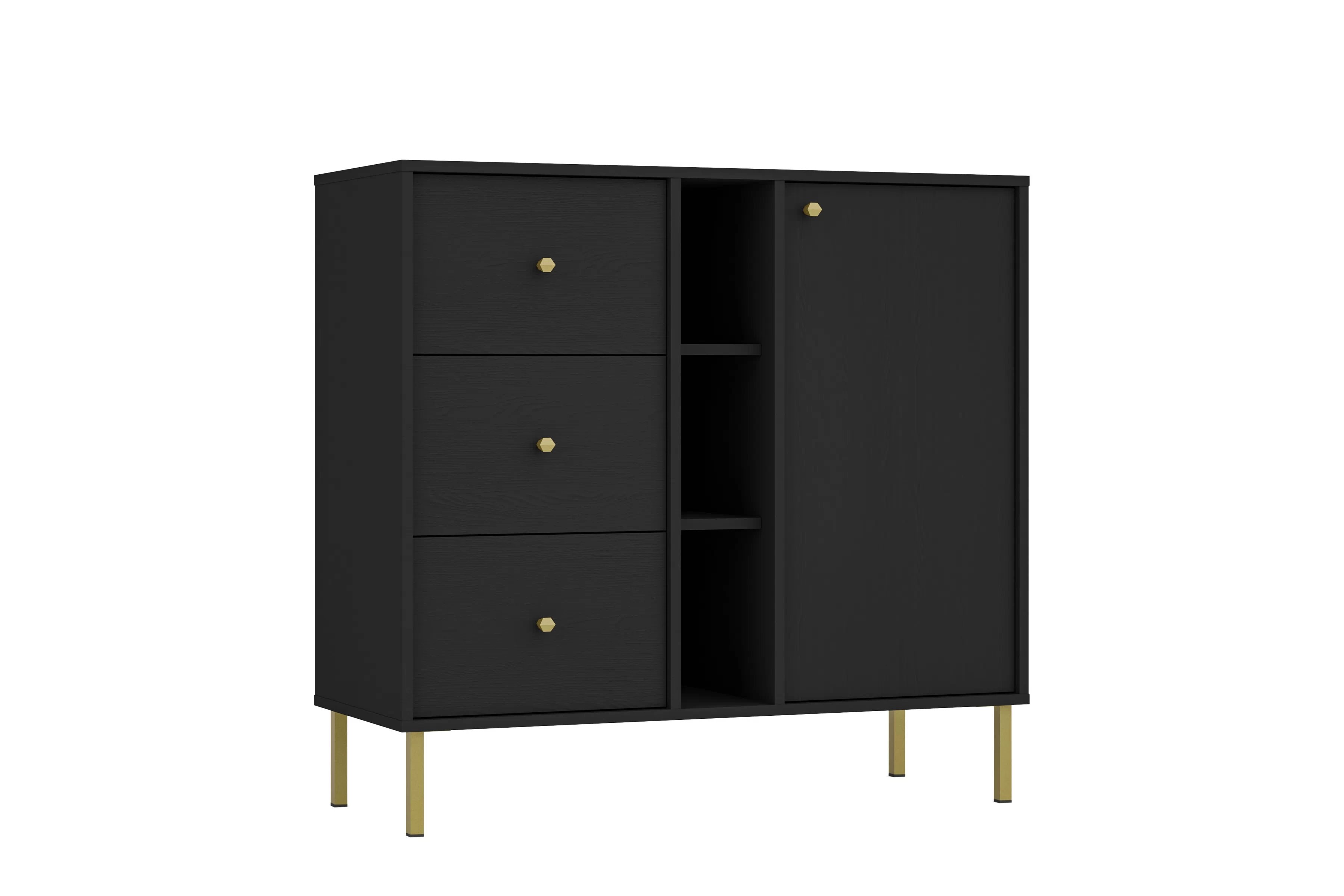 Čierna komoda Lotina 100 cm s jednými dverami, zásuvkami a policami - čierny grafit / zlaté nohy Komoda Lotina 100 cm jednodverová so zásuvkami i wnekami - Čierny grafit / zlote nožičky